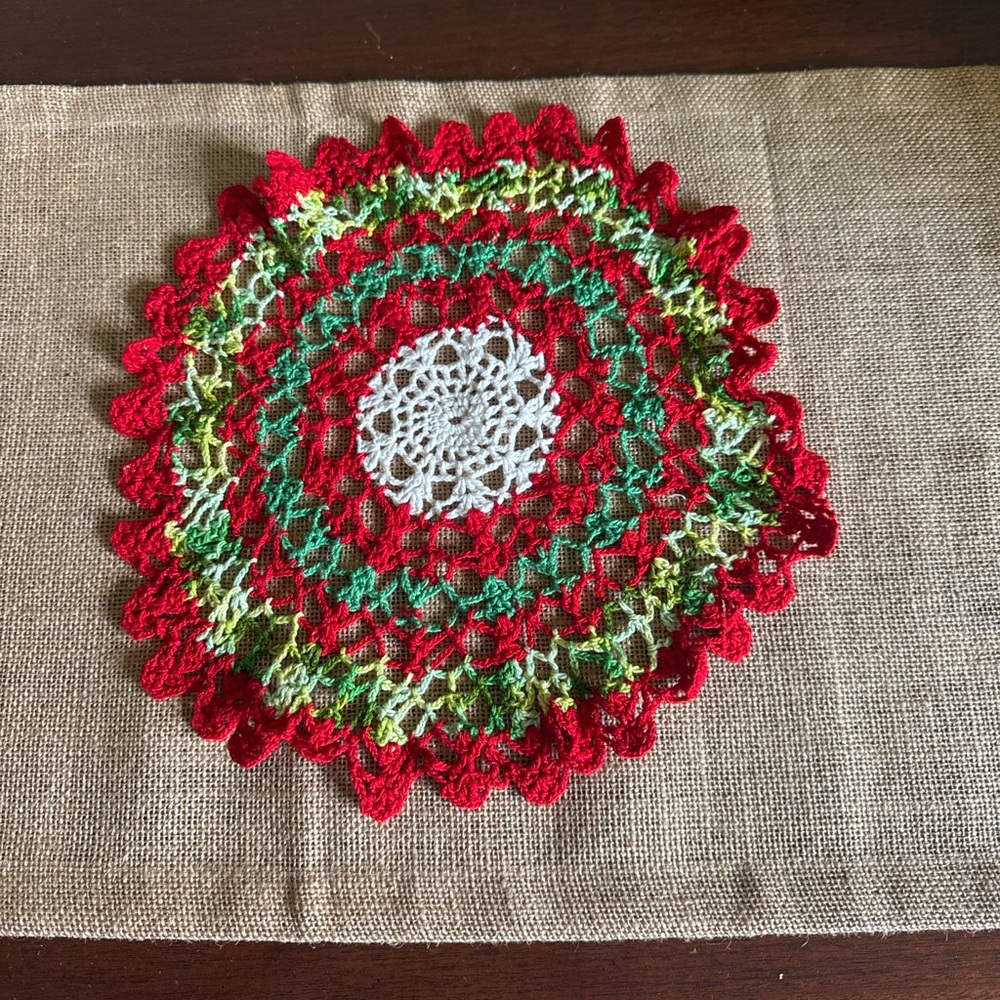 Hand-Crocheted Round Doily in Red Green & White ~11” Holiday Christmas